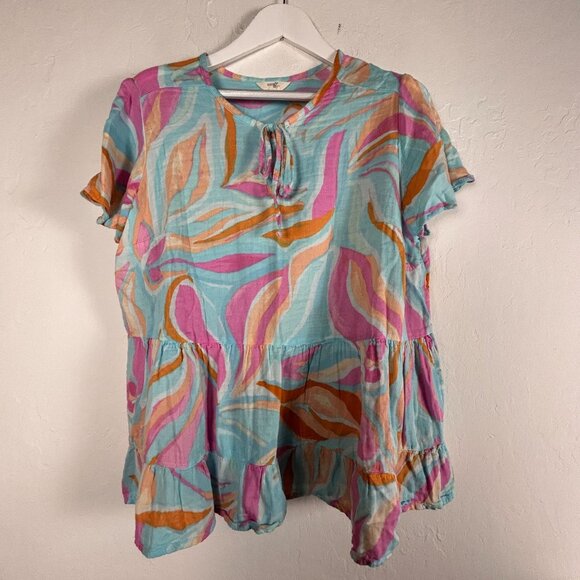 Terra & Sky Womens Tiered Short Sleeve Tunic Top Plus Size 1X 16W-18W Blue Pink - Picture 1 of 8